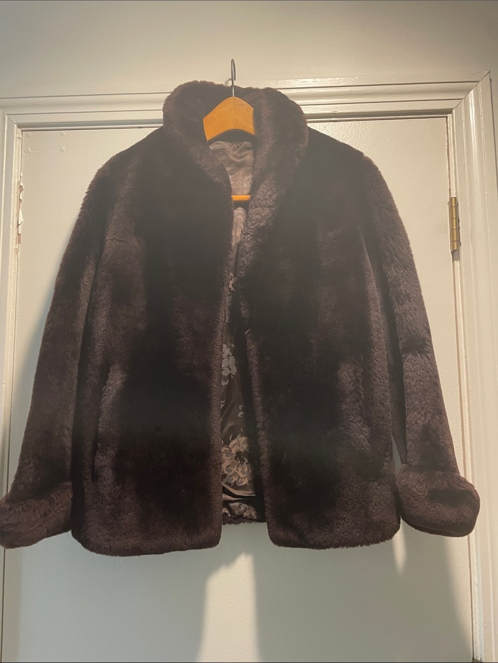 Vintage Plush Faux Fur Rounded Collar and Cuffs Dark Brown Knockout Jacket